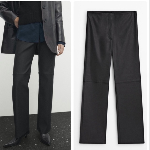 Massimo Dutti By ZARA 4 WAXED Black TROUSERS WITH SEAM DETAIL